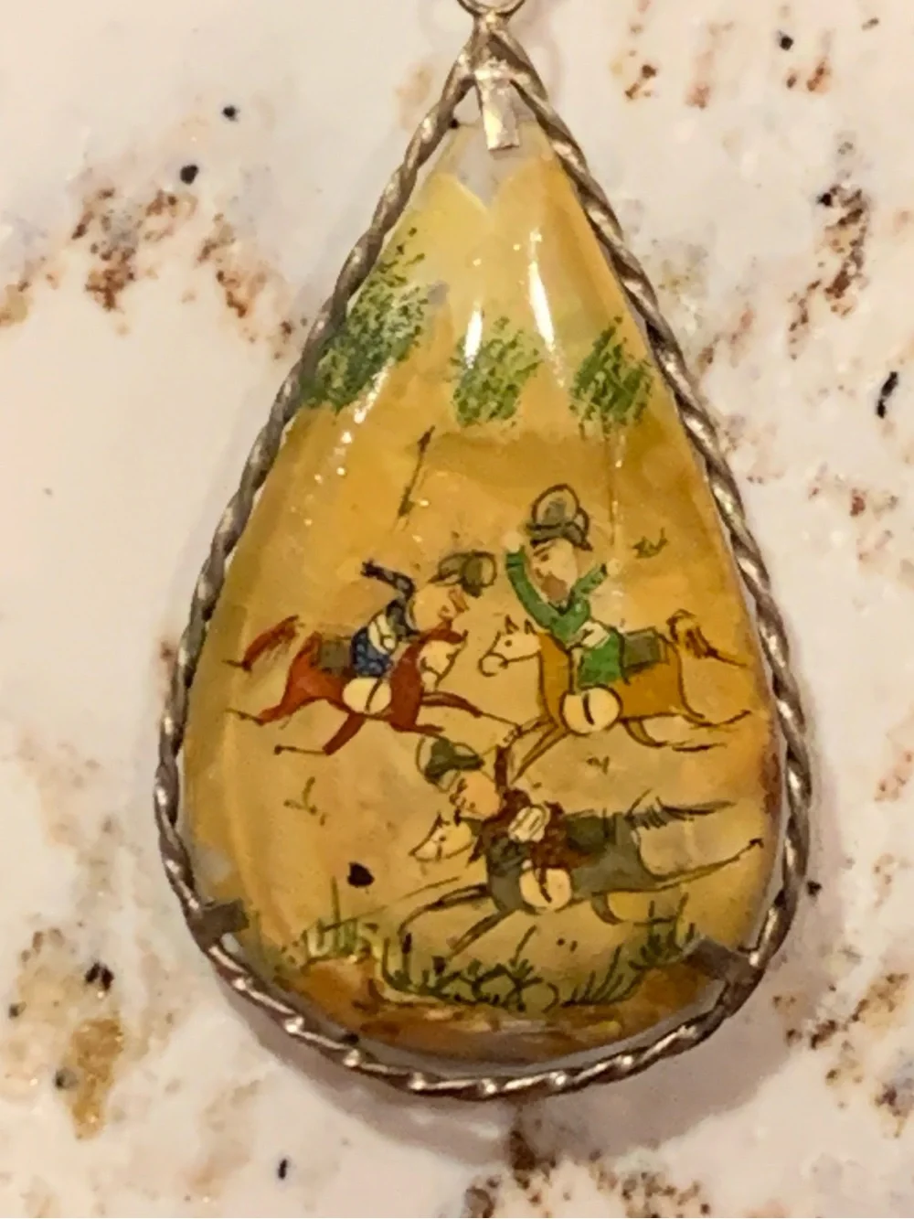 Vintage Hand-Painted Teardrop Pendant Necklace Reversible Bird Floral Horseback